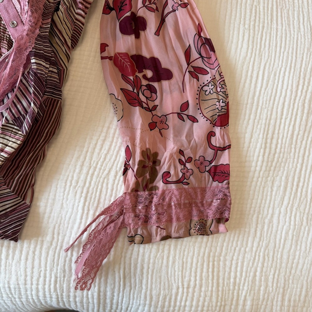 Jaipur Y2K ButtonUp Satin Fairy Crinkle Blouse Top Lace Pink Women XL VTG Whimsy - Picture 8 of 8